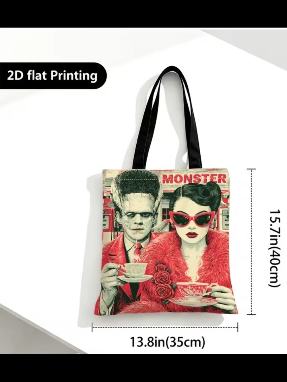 Monster Retro Art Tote Bag in Red and Black